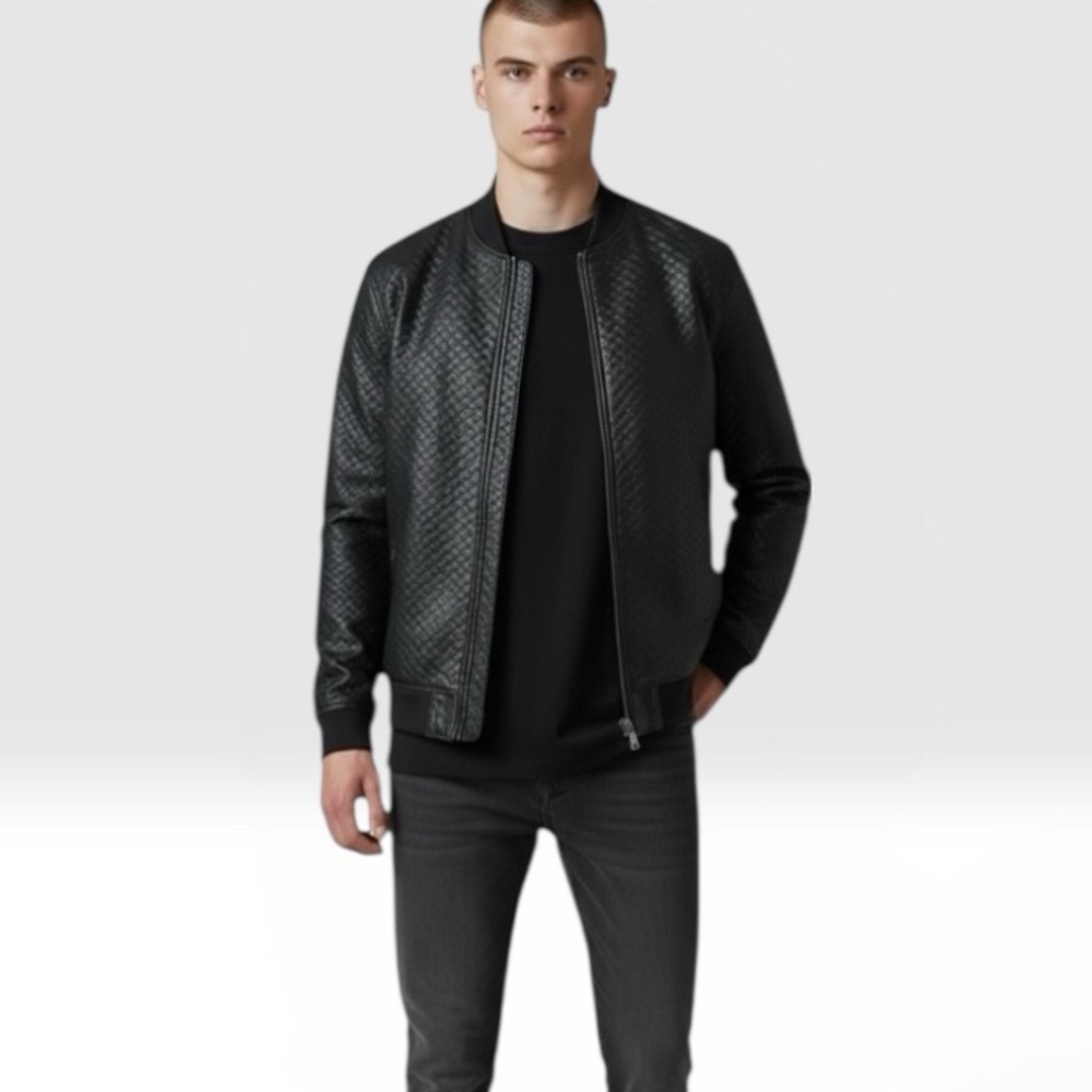 INC International Concepts Men’s Deep Black Basket Weave Bomber Jacket Large L